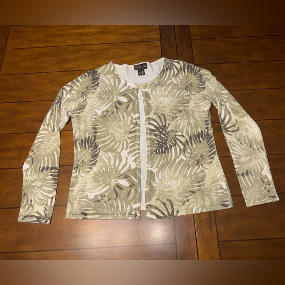 Style & Co. Beige and Olive Leaf Print Cardigan